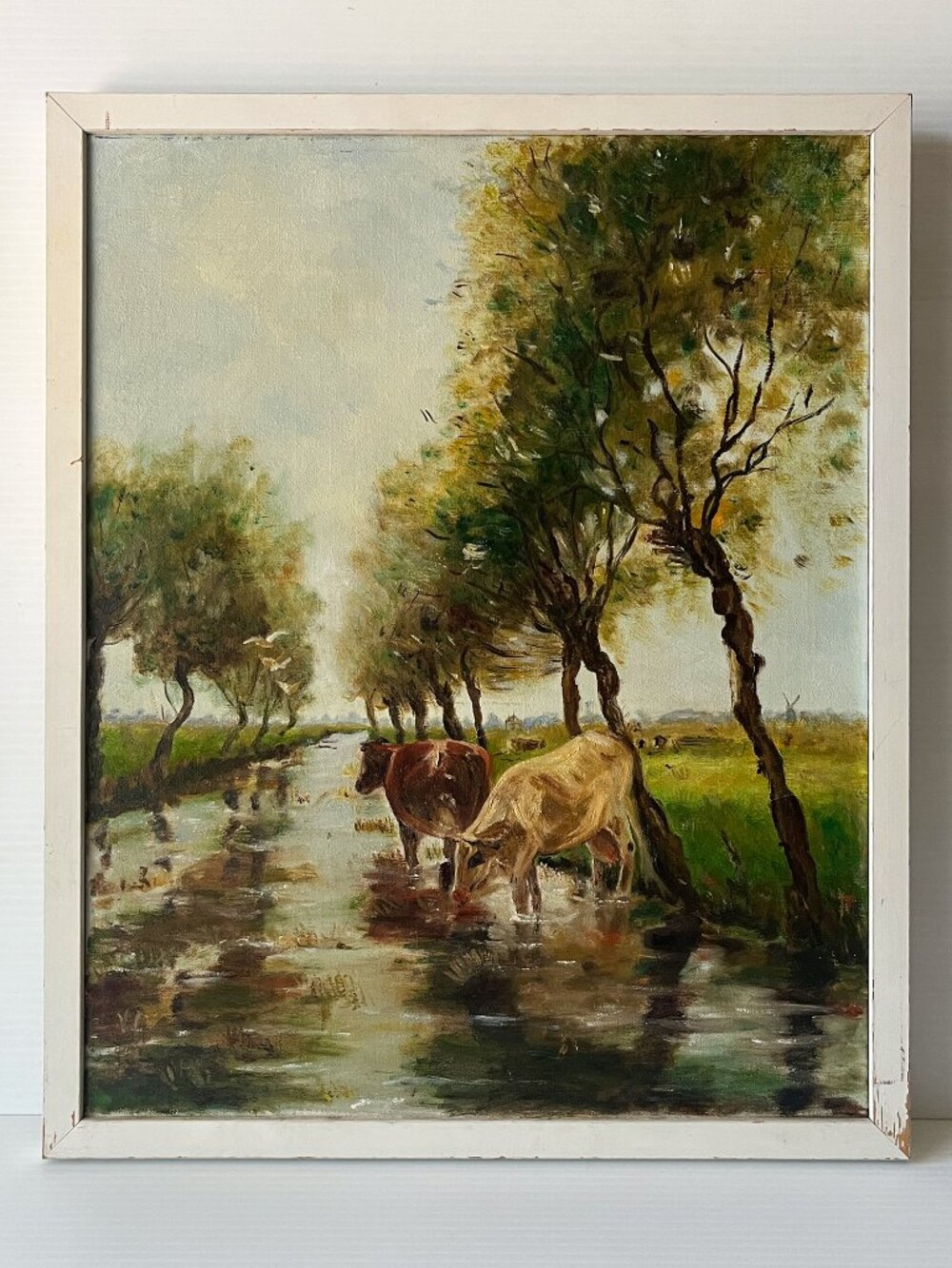 Vtg Original Oil Painting After Willem Maris - Cows at a Ditch Dutch Pastoral